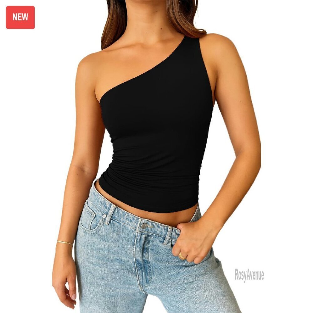 One Shoulder Ruched Crop Tank Top - Nylon Spandex Slim Fit Summer